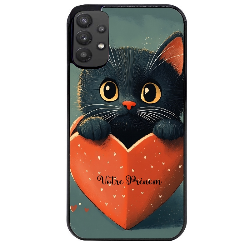 Coque noire taperso pour galaxy A22 A32 A52 A52S 4G 5G  avec motif chat et coeur avec prenom protection antichoc personnalisée