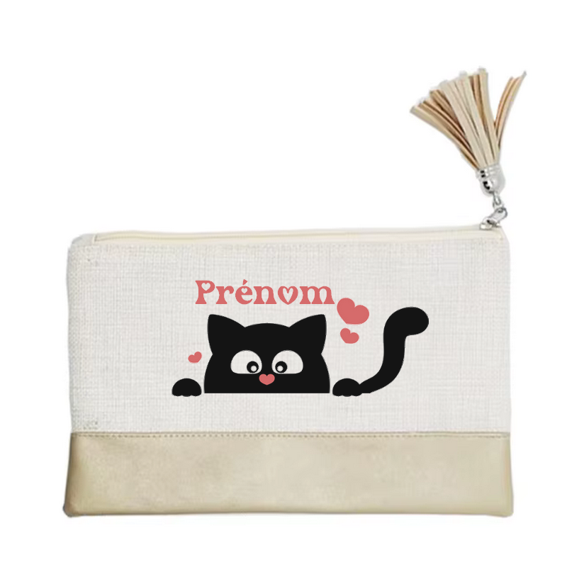 Pochette personnalisée motif chat cœur en toile et simili cuir personnalisée