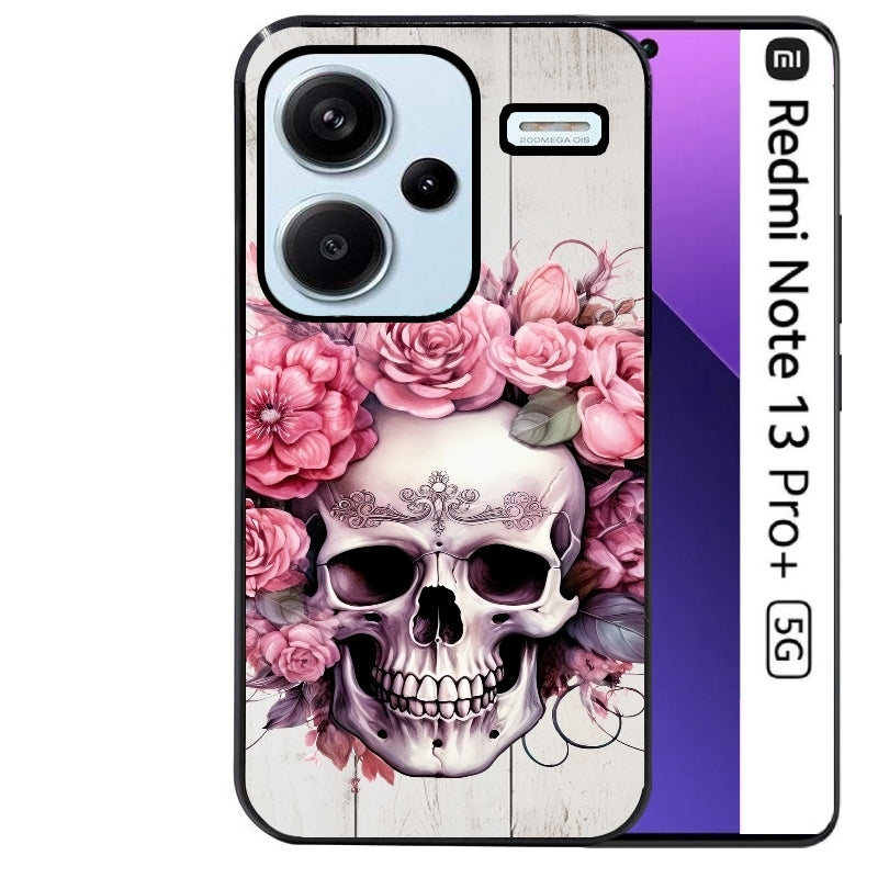 Coque noire taperso pour Redmi Note 13 PRO PLUS 5G avec motif tete de mort floral protection antichoc personnalisée