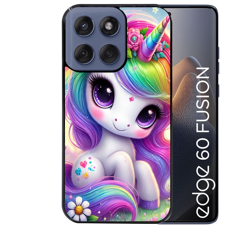 Coque noire taperso pour Moto Edge 60 et Neo Fusion Pro avec motif licorne et fleurs protection antichoc personnalisée