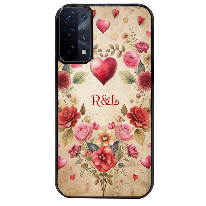 Coque noire taperso pour OPPO A54 et A74 5G avec motif coeur vintage et initiales personnalisee protection antichoc personnalisée