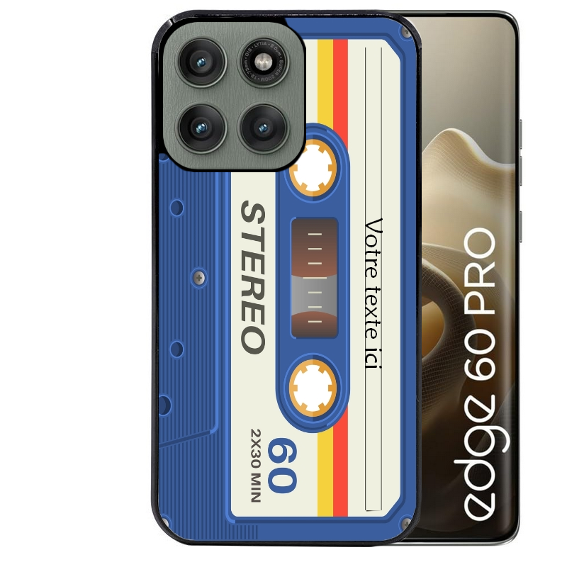 Coque noire taperso pour Moto Edge 60 et Neo Fusion Pro personnalisable avec motif cassette bleu protection antichoc personnalisée