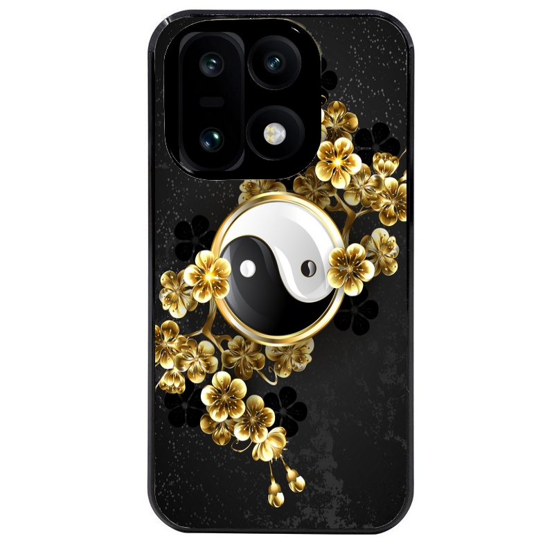 Coque noire taperso pour OnePlus 15 avec motif yin yang et fleur protection antichoc personnalisée