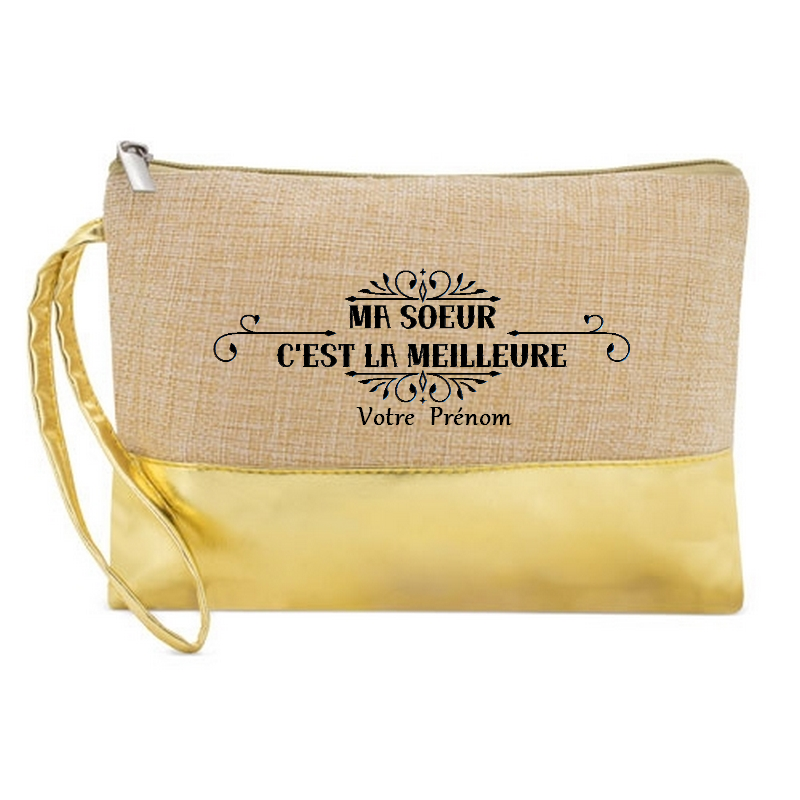 Pochette personnalisée meilleure soeur en jute et doré en jute et doré