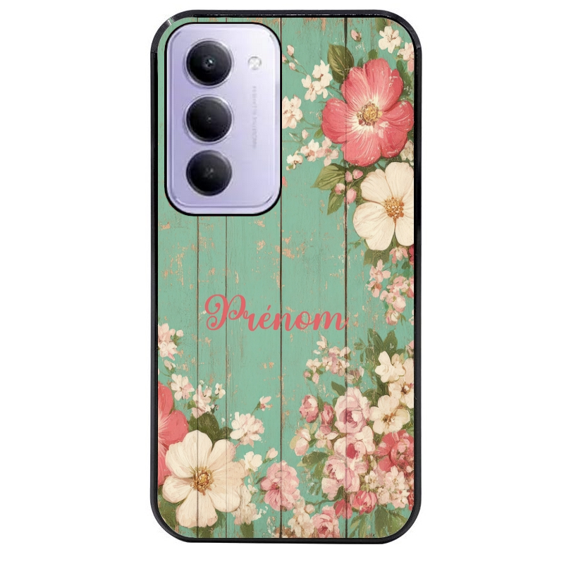 Coque noire taperso pour Redmi 15 4G et 5G avec motif bois et fleur avec votre prenom protection antichoc personnalisée