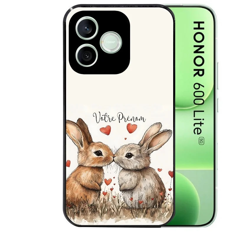 Coque noire pour Honor 600 LITE avec motif lapin coeur avec prenom protection antichoc personnalisée