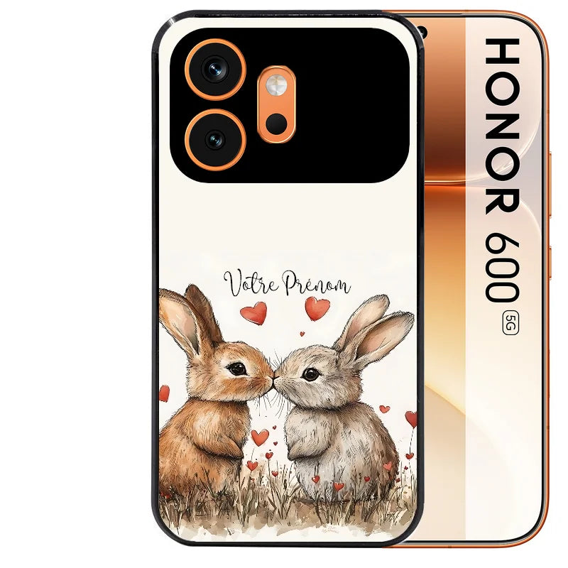 Coque noire taperso pour Honor 600 et 600 PRO avec motif lapin coeur avec prenom protection antichoc personnalisée