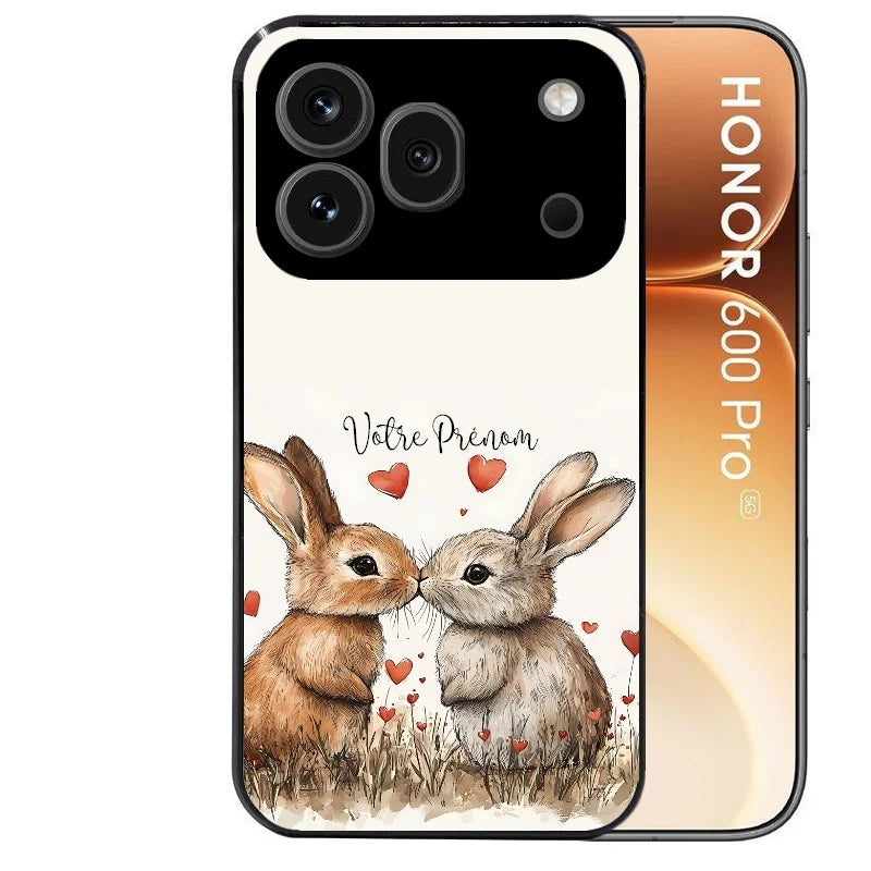Coque noire taperso pour Honor 600 et 600 PRO avec motif lapin coeur avec prenom protection antichoc personnalisée