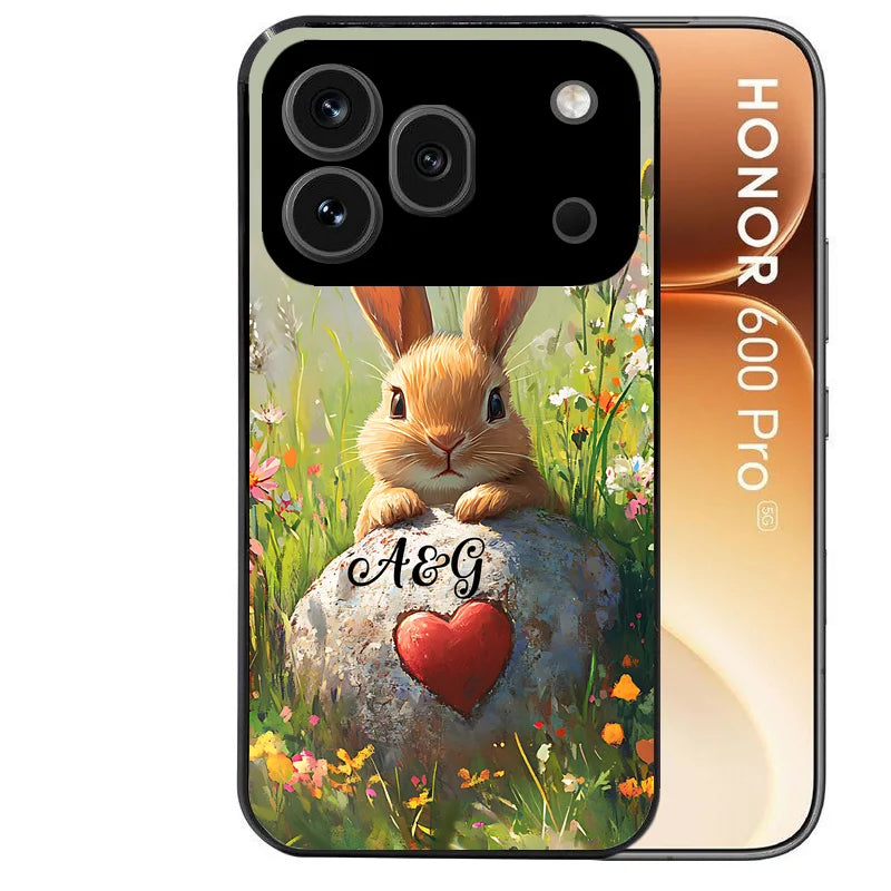 Coque noire taperso pour Honor 600 et 600 PRO avec motif lapin et fleurs personnalisee protection antichoc personnalisée