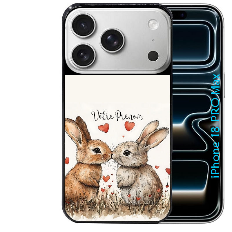 Coque pour Iphone 18 / PRO / PRO MAX / 18E personnalisée lapin coeur avec prenom