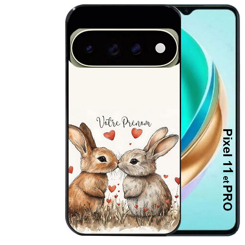 Coque pour Pixel 10 / 11 / PRO / XL personnalisée lapin coeur avec prenom