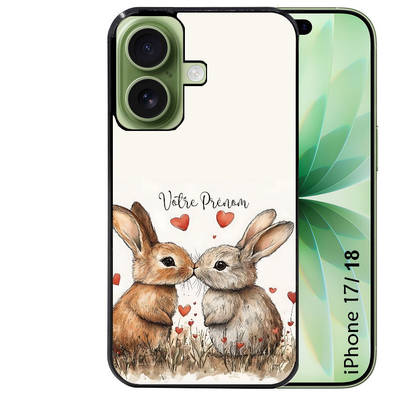 Coque pour Iphone 18 / PRO / PRO MAX / 18E personnalisée lapin coeur avec prenom