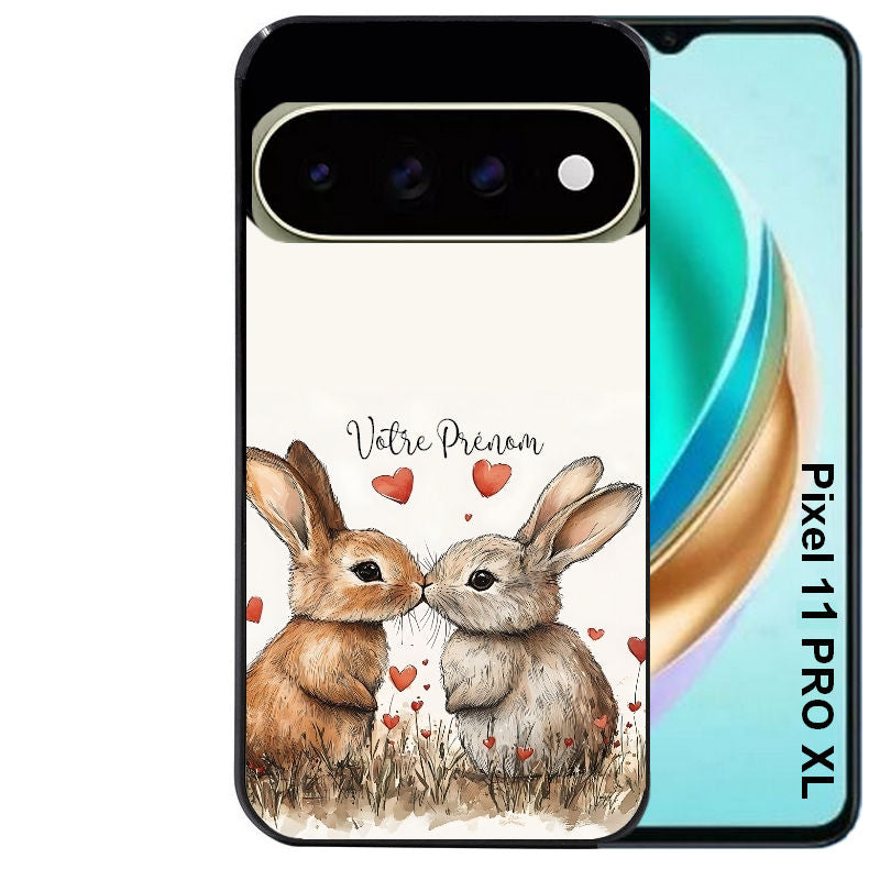 Coque pour Pixel 10 / 11 / PRO / XL personnalisée lapin coeur avec prenom