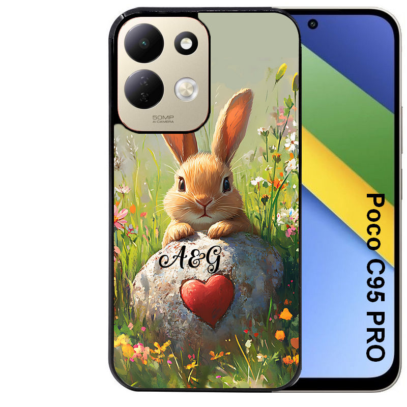 Coque pour POCO C95 PRO personnalisée lapin et fleurs