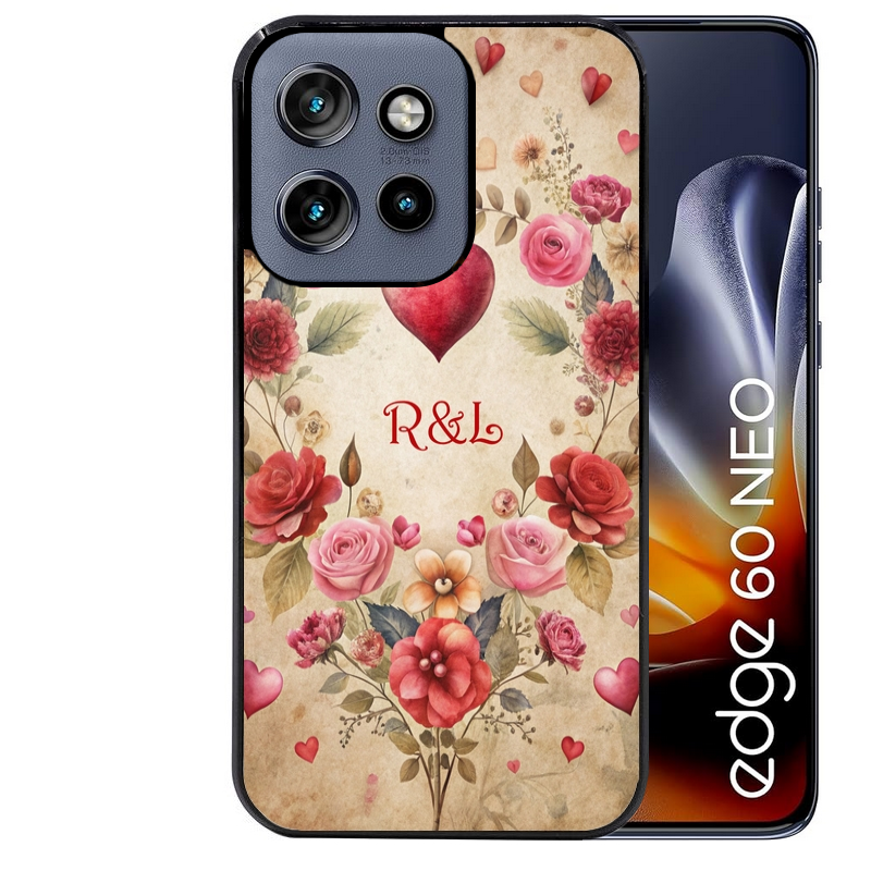 Coque noire taperso pour Moto Edge 60 et Neo Fusion Pro avec motif coeur vintage et initiales personnalisee protection antichoc personnalisée