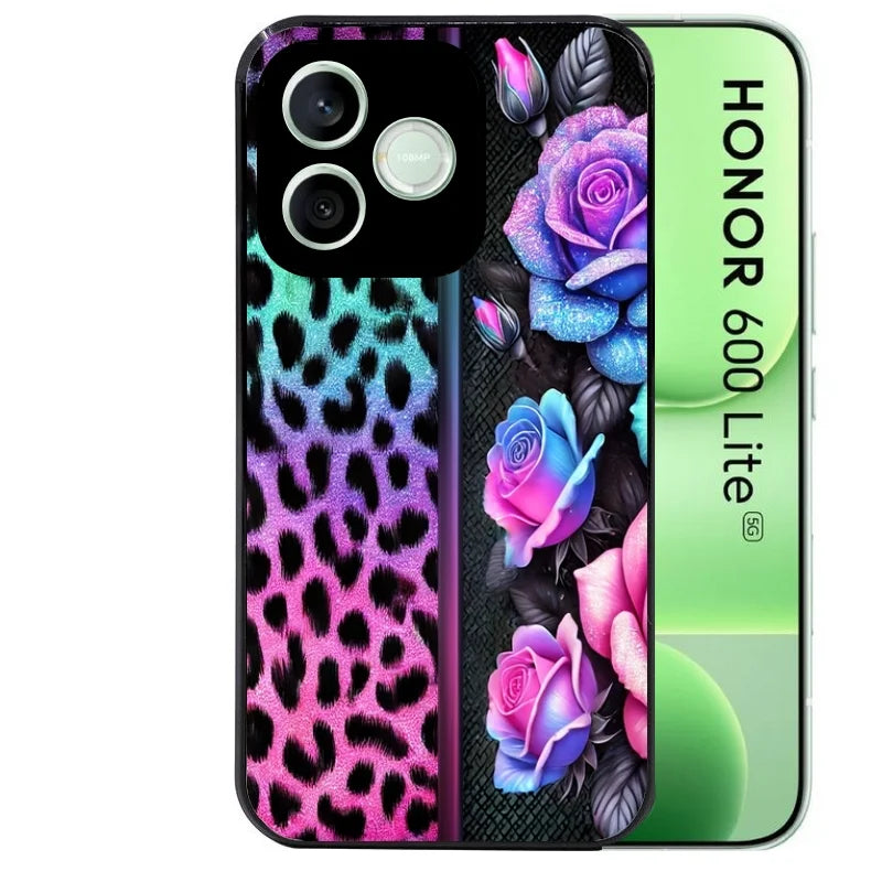 Coque noire pour Honor 600 LITE avec motif leopard et fleur protection antichoc personnalisée