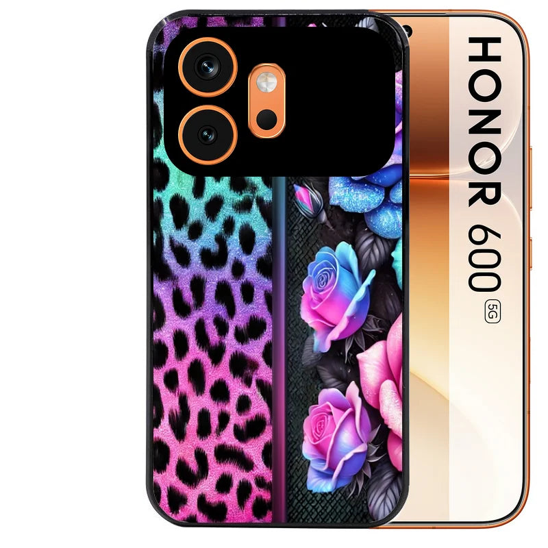 Coque noire taperso pour Honor 600 et 600 PRO avec motif leopard et fleur protection antichoc personnalisée