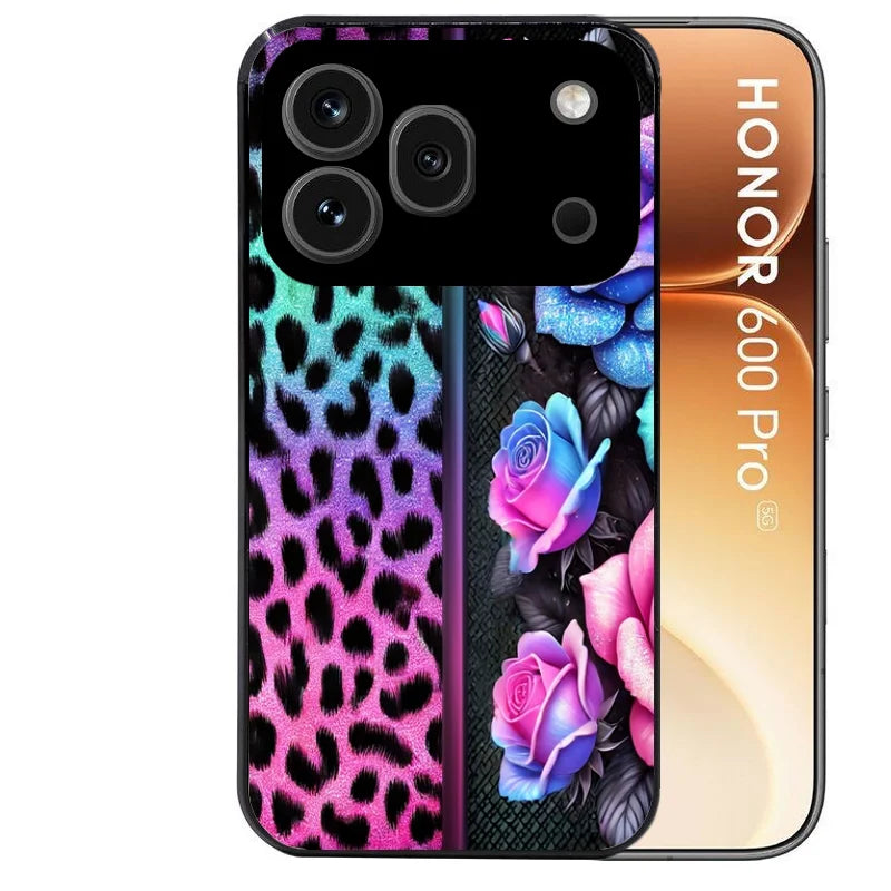 Coque noire taperso pour Honor 600 et 600 PRO avec motif leopard et fleur protection antichoc personnalisée