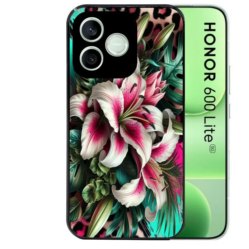 Coque noire pour Honor 600 LITE avec motif leopard hibiscus protection antichoc personnalisée