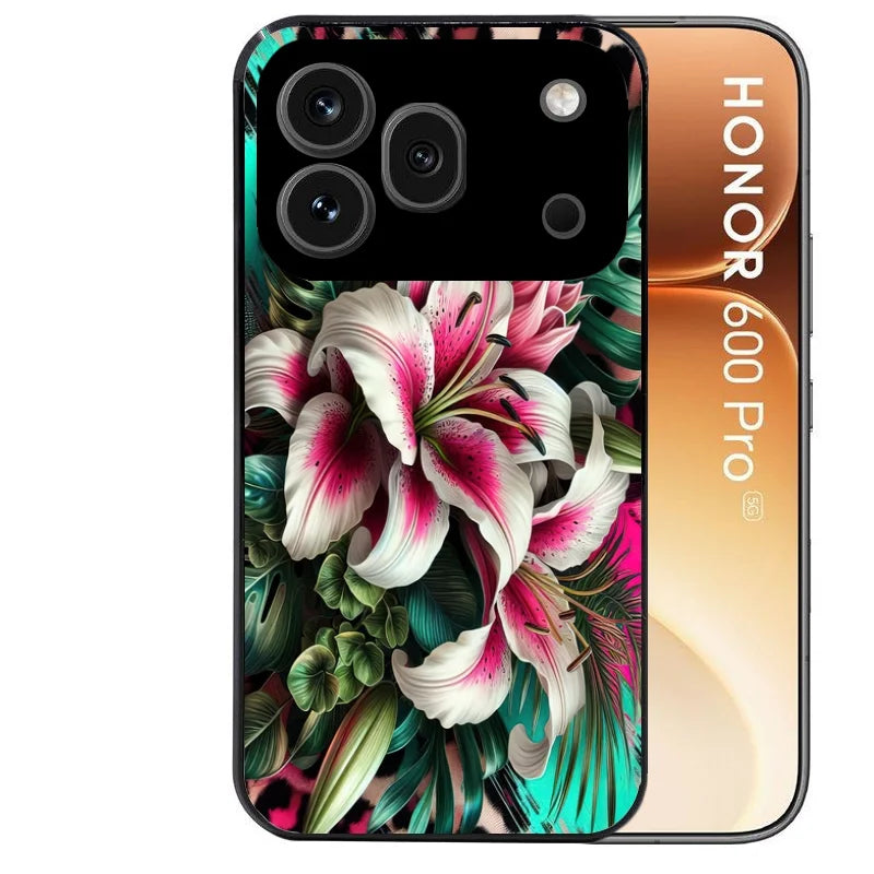Coque noire taperso pour Honor 600 et 600 PRO avec motif leopard hibiscus protection antichoc personnalisée