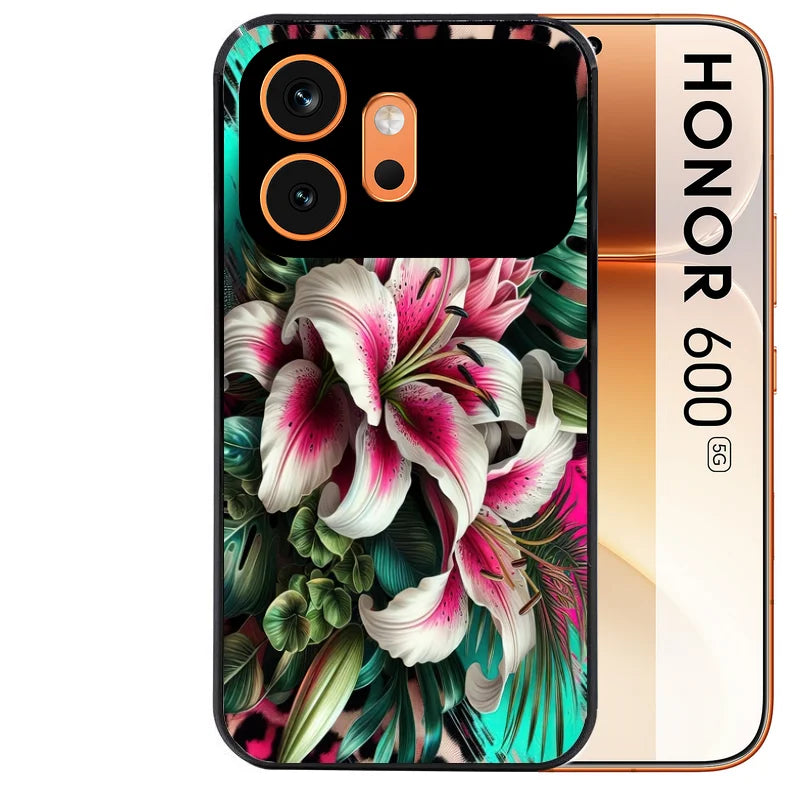 Coque noire taperso pour Honor 600 et 600 PRO avec motif leopard hibiscus protection antichoc personnalisée