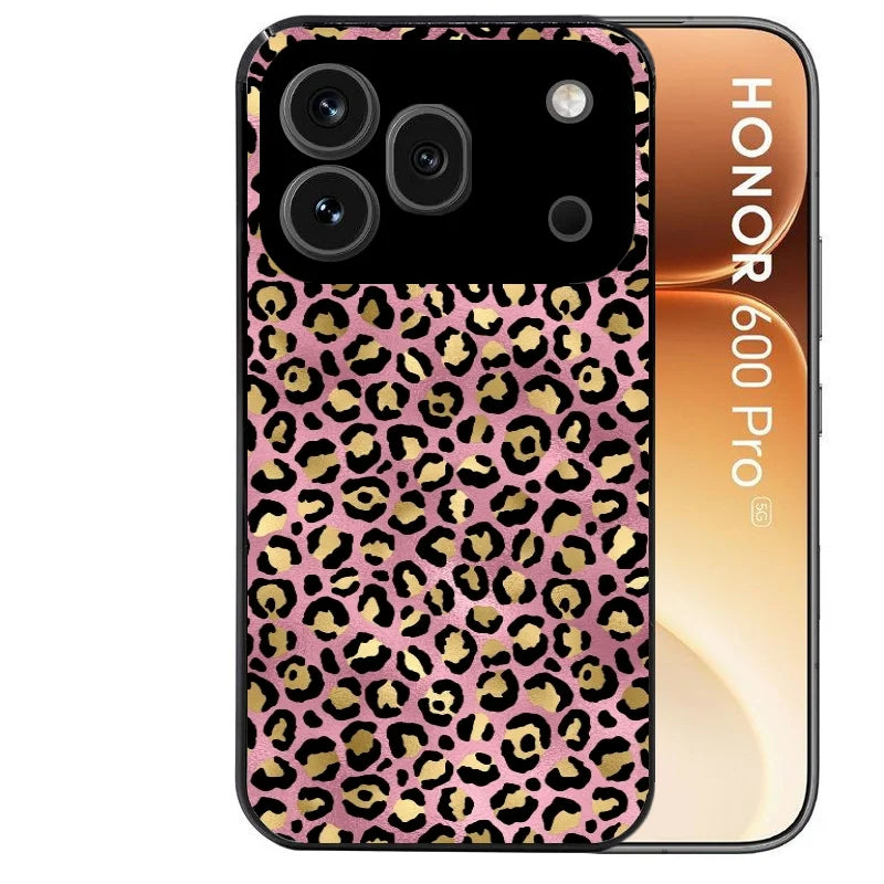 Coque noire taperso pour Honor 600 et 600 PRO avec motif leopard rose protection antichoc personnalisée