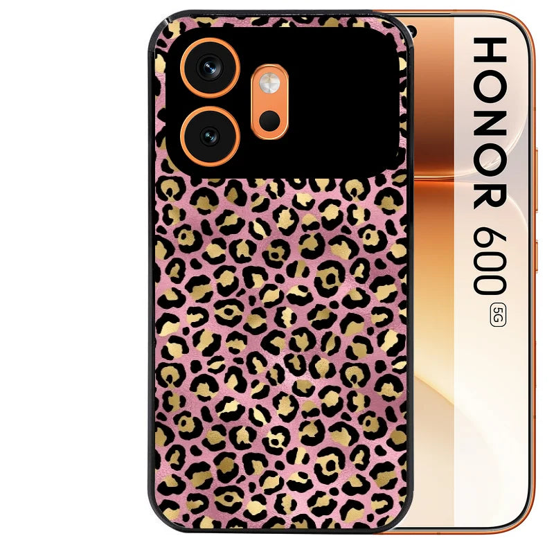 Coque noire taperso pour Honor 600 et 600 PRO avec motif leopard rose protection antichoc personnalisée