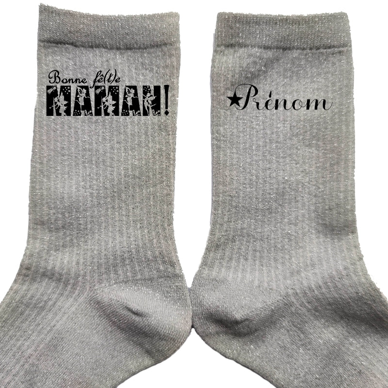 Chaussettes personnalisée paillettes argent motif bonne fëte maman