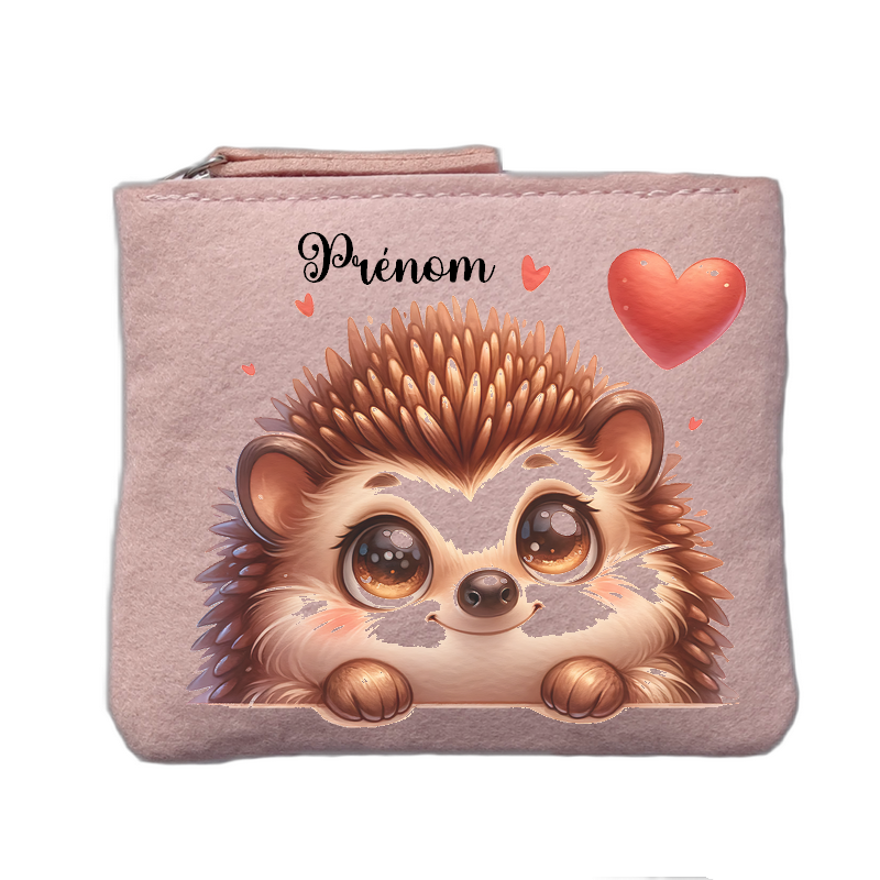 Porte monnaie personnalisé motif herisson coeur rose clair en feutrine en feutrine