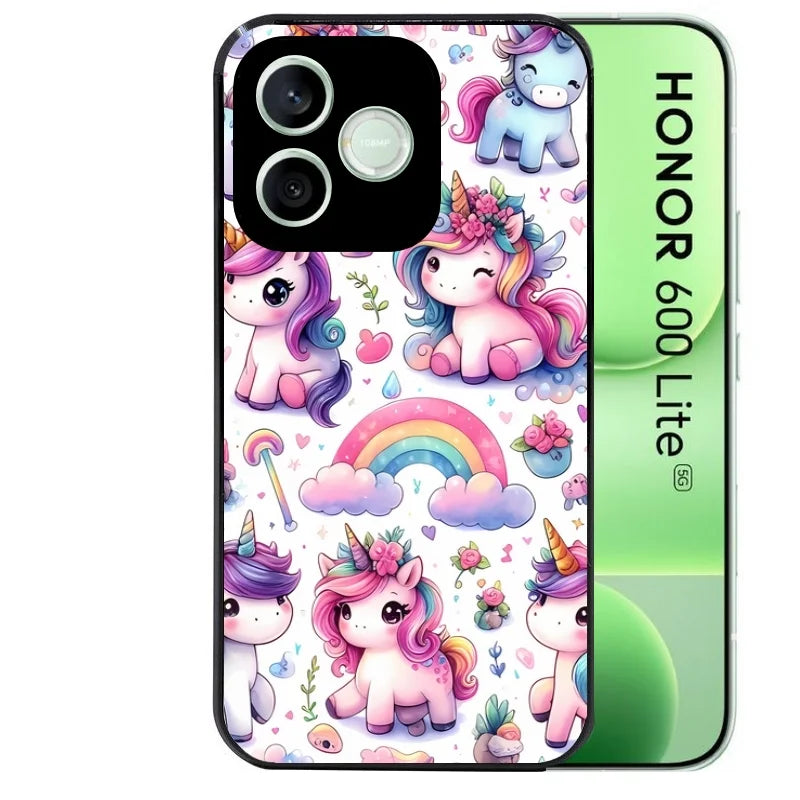 Coque noire pour Honor 600 LITE avec motif licorne arc en ciel protection antichoc personnalisée
