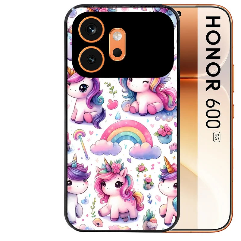 Coque noire taperso pour Honor 600 et 600 PRO avec motif licorne arc en ciel protection antichoc personnalisée