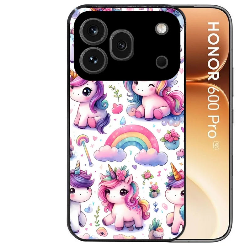 Coque noire taperso pour Honor 600 et 600 PRO avec motif licorne arc en ciel protection antichoc personnalisée
