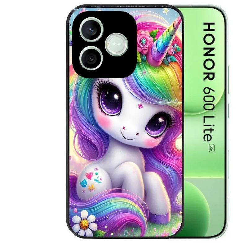 Coque noire pour Honor 600 LITE avec motif licorne et fleurs protection antichoc personnalisée