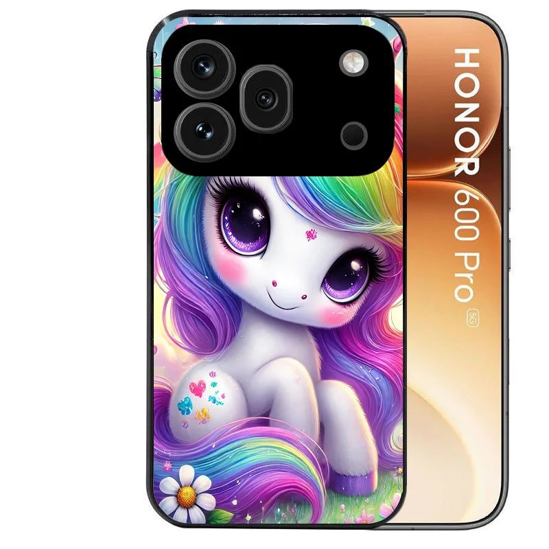Coque noire taperso pour Honor 600 et 600 PRO avec motif licorne et fleurs protection antichoc personnalisée