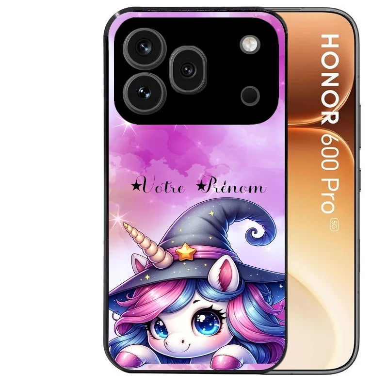Coque noire taperso pour Honor 600 et 600 PRO avec motif licorne magic avec prenom protection antichoc personnalisée