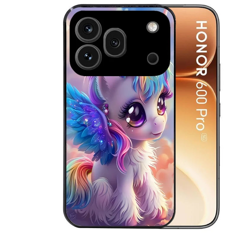 Coque noire taperso pour Honor 600 et 600 PRO avec motif licorne violette protection antichoc personnalisée