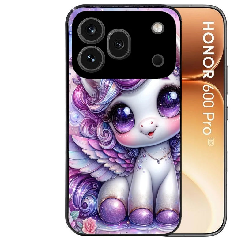 Coque noire taperso pour Honor 600 et 600 PRO avec motif licorne style anime protection antichoc personnalisée