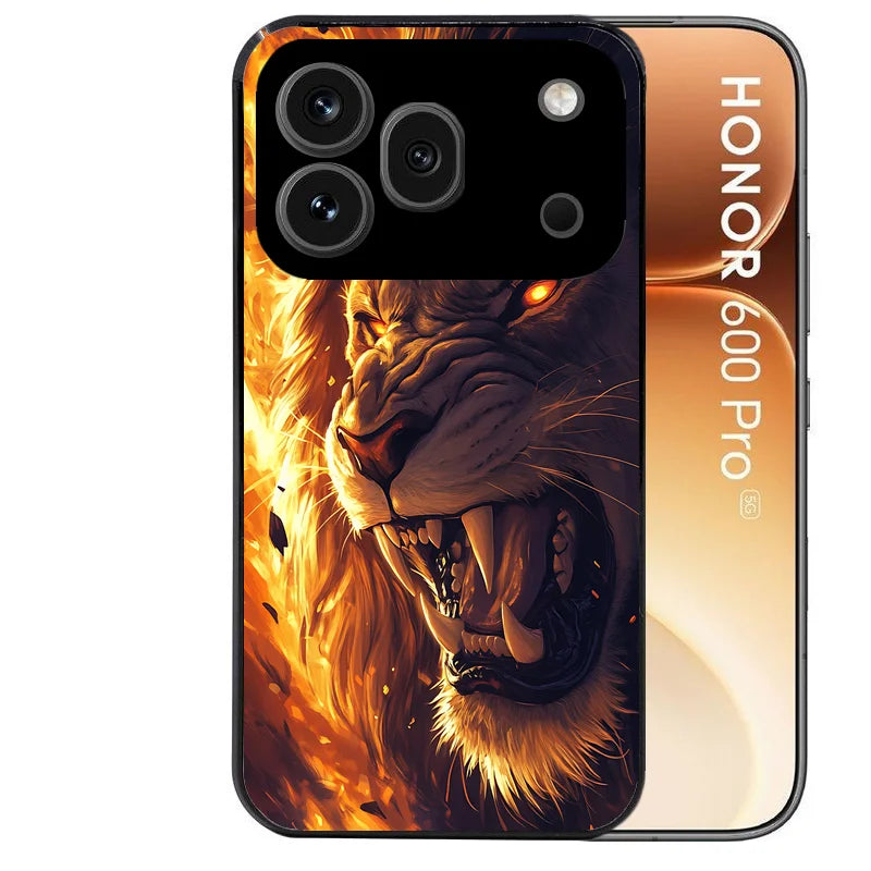 Coque noire taperso pour Honor 600 et 600 PRO avec motif lion flamme protection antichoc personnalisée