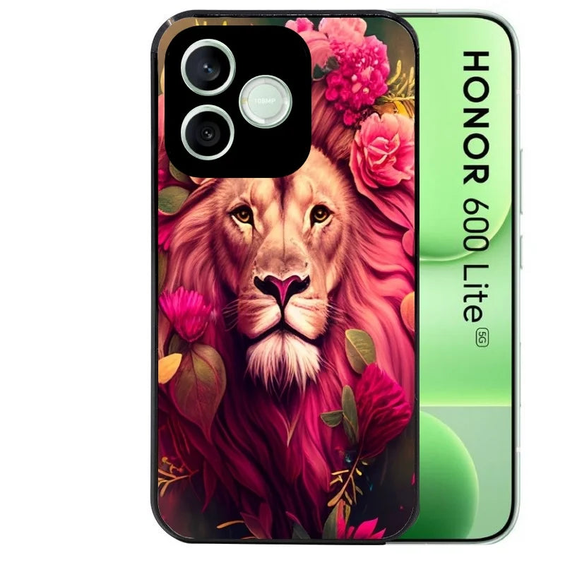 Coque noire pour Honor 600 LITE avec motif lion et fleurs rose protection antichoc personnalisée