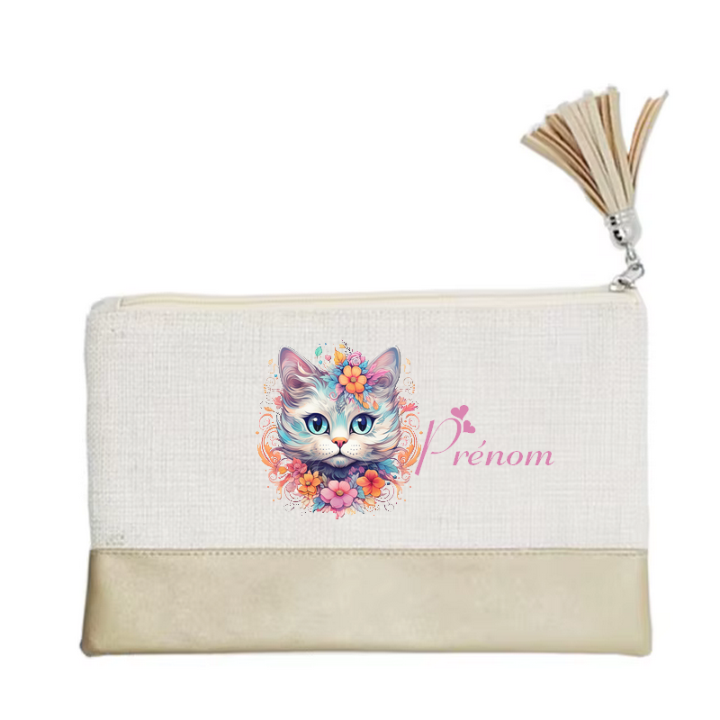 Pochette personnalisée motif chat pastel en toile et simili cuir personnalisée