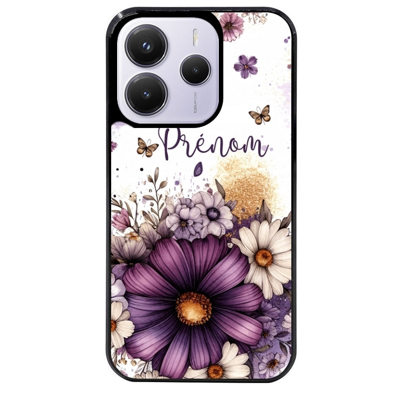 Coque noire taperso pour Redmi Note 14 et PRO PLUS 4G 5G avec motif fleur violette personnalisee protection antichoc personnalisée