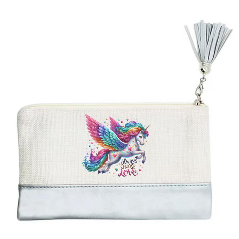 Pochette motif licorne love en toile et simili cuir