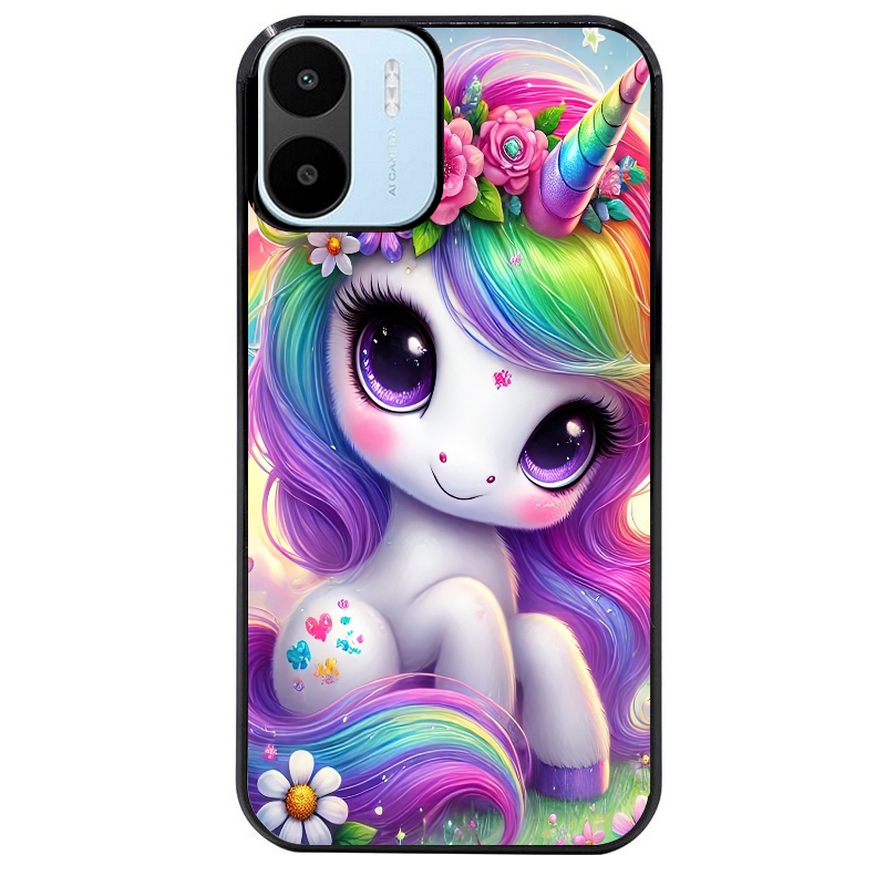 Coque noire taperso pour Redmi A1 et A2 avec motif licorne et fleurs protection antichoc personnalisée