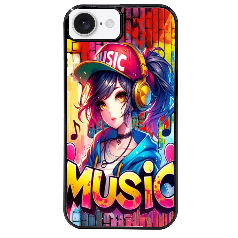 Coque noire taperso pour Iphone 16 16E PLUS MAX PRO avec motif anime manga et music protection antichoc personnalisée