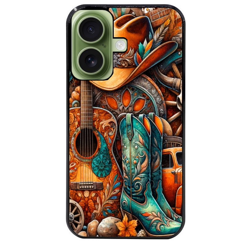 Coque noire taperso pour Iphone 16 16E PLUS MAX PRO avec motif cow boy et texas automne protection antichoc personnalisée