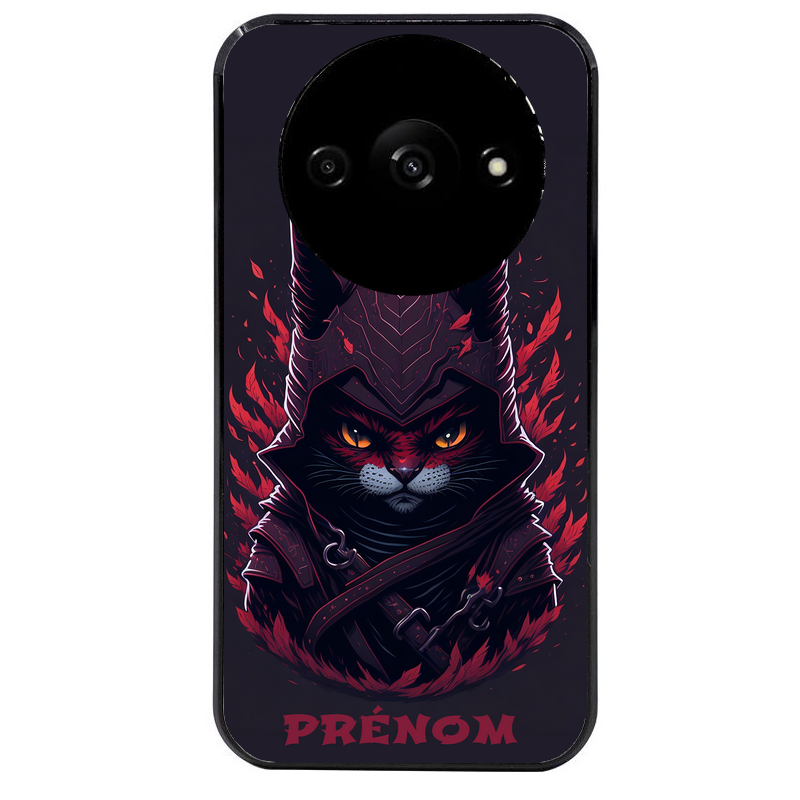 Coque noire taperso pour Redmi A3 avec motif chat samourai personnalise protection antichoc personnalisée