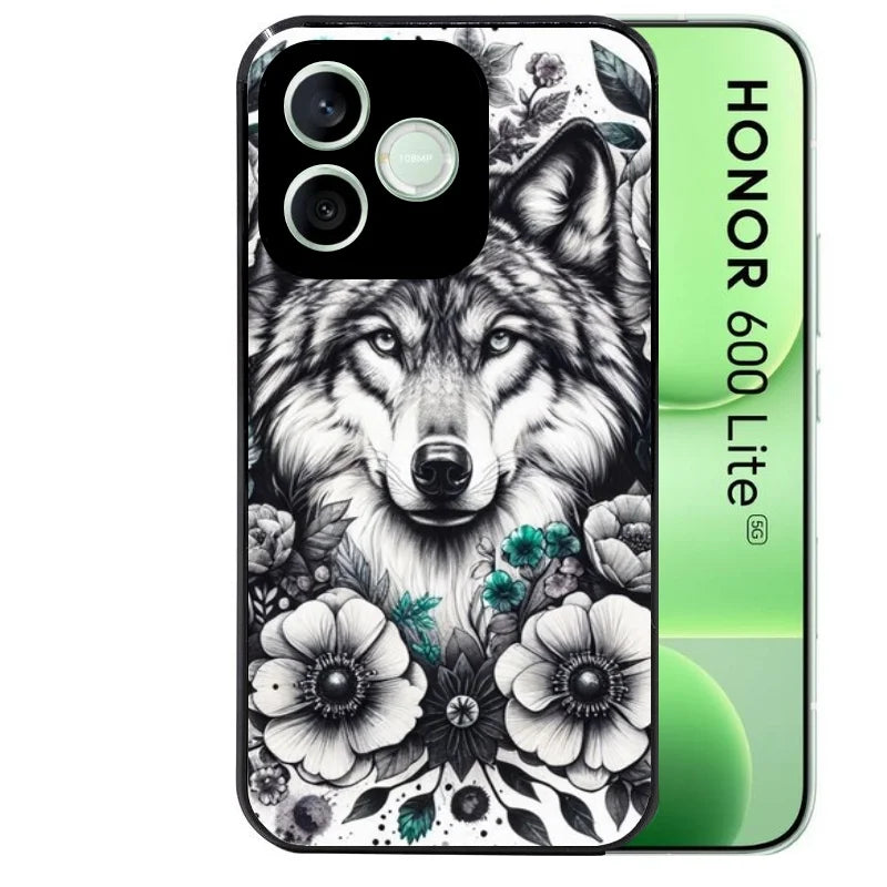 Coque noire pour Honor 600 LITE avec motif loup et fleur protection antichoc personnalisée