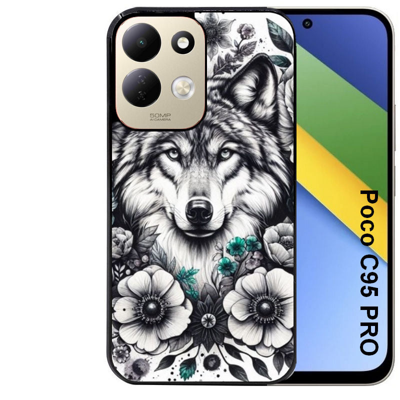 Coque pour POCO C95 PRO loup et fleur
