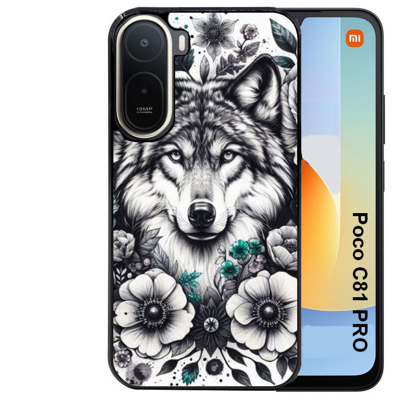 Coque pour POCO C81 PRO loup et fleur