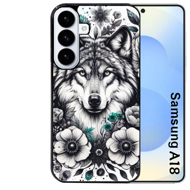 Coque pour Galaxy A08 A18 A28 A38 A58 loup et fleur